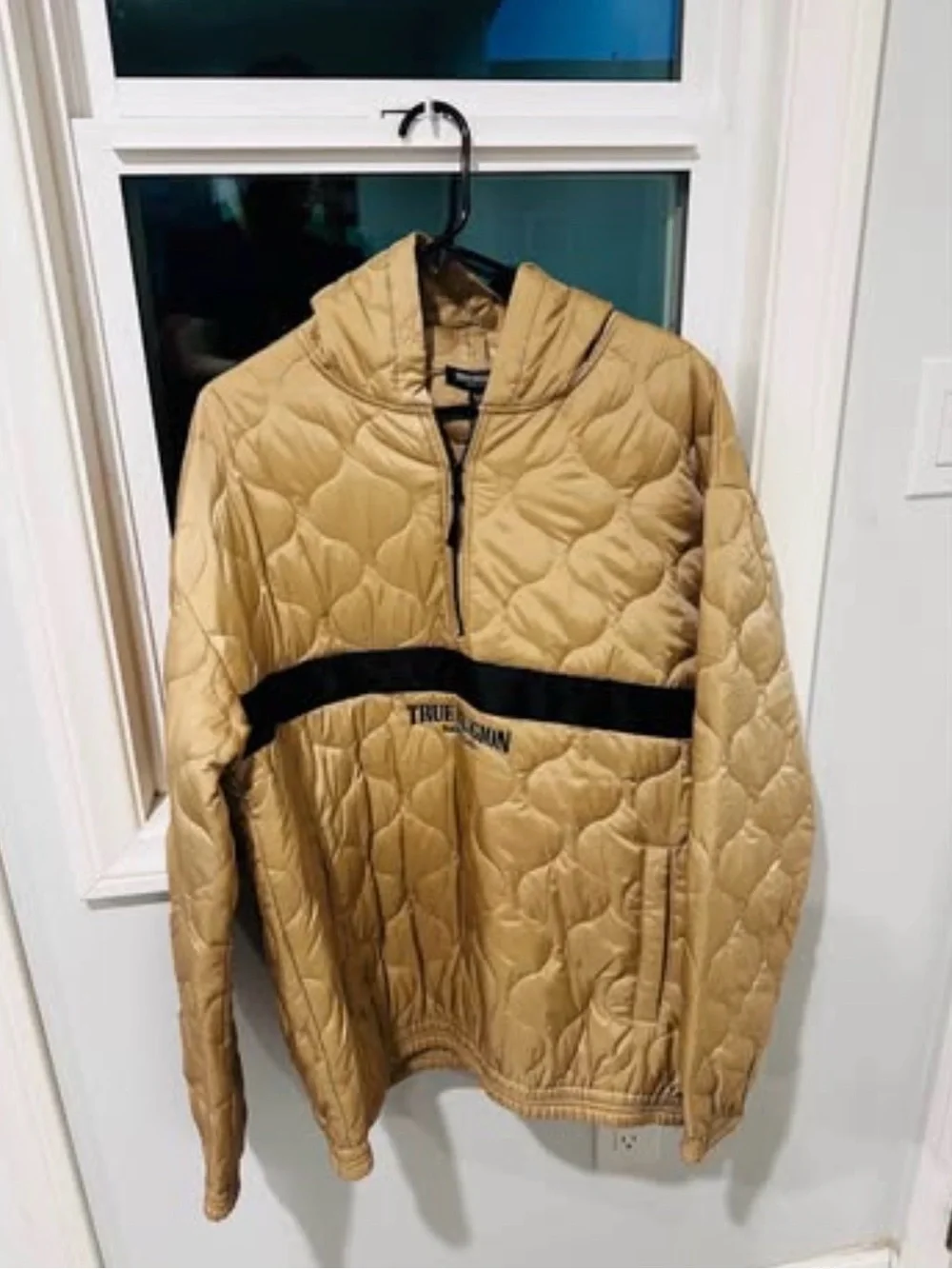 Brand New True Religion Tan Quilted Hooded Pullover with Black Chest Band